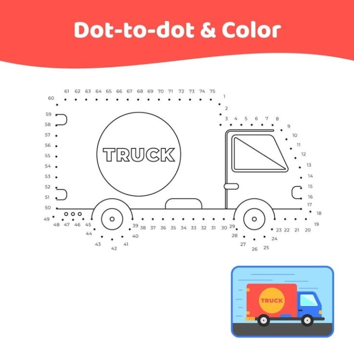 Engaging truck-themed dot-to-dot activity for young learners Truck dot-to-dot worksheet for preschoolers highlighting the letter T