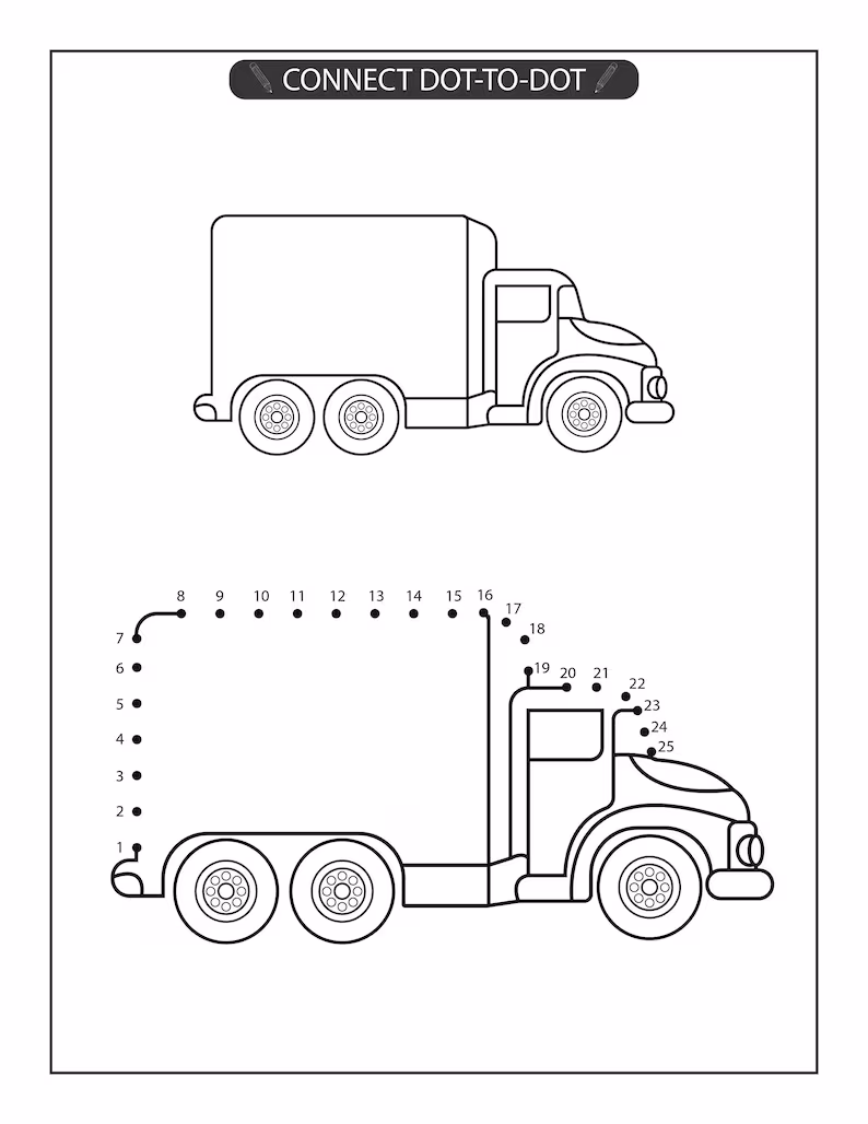 Truck Dot-to-Dot Activity Worksheet 21 Pre-K dot-to-dot worksheet featuring a truck to help children learn the letter T