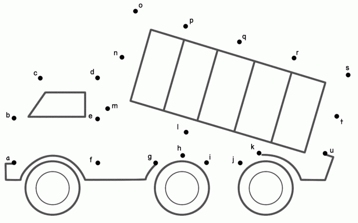 Engaging truck-themed dot-to-dot activity for Pre-K kids Truck dot-to-dot worksheet highlighting the letter T for preschool learning