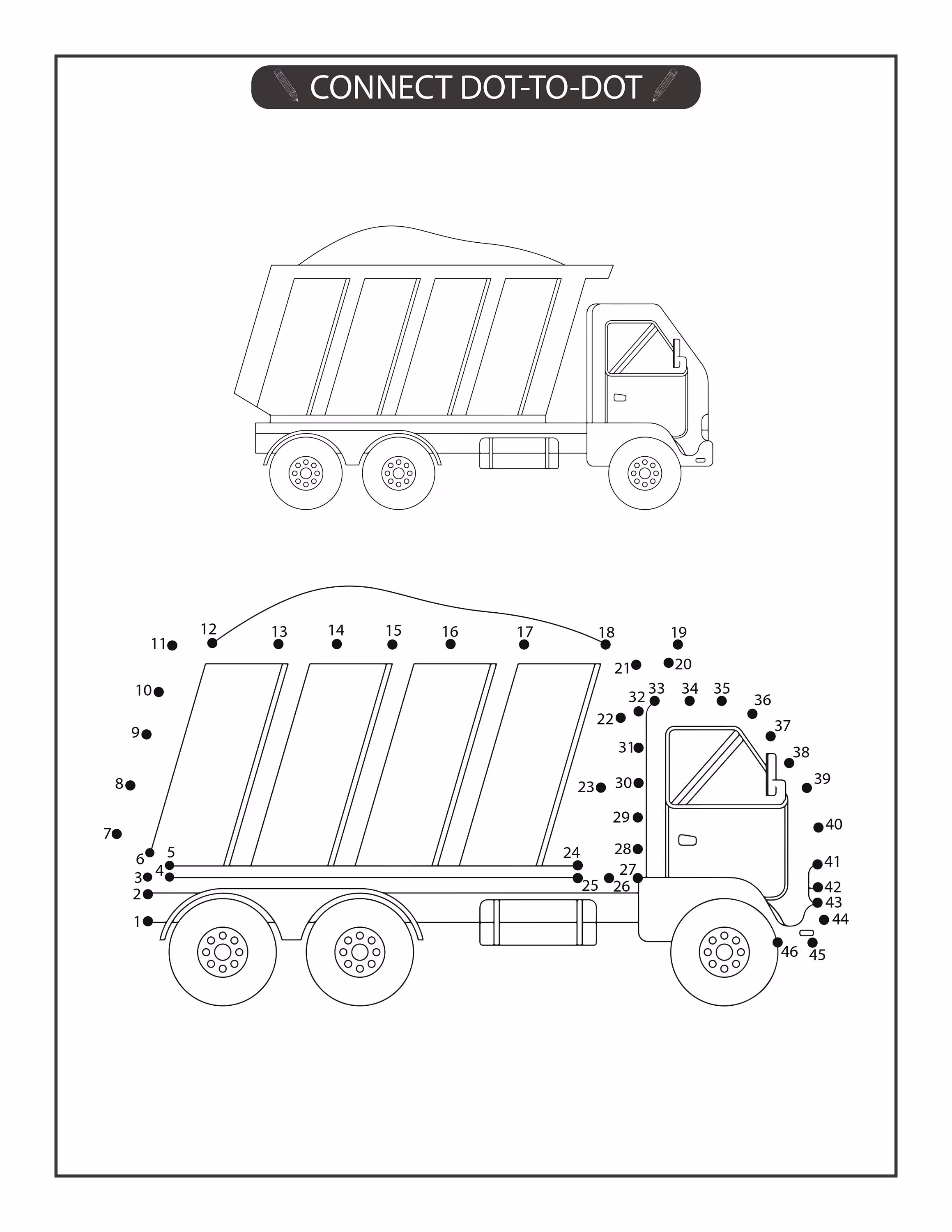 Engaging truck dot-to-dot worksheet for alphabet practice in Pre-K Truck dot-to-dot activity showcasing the letter T for preschool learners