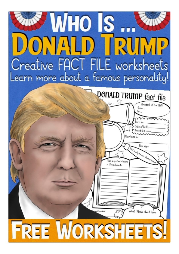 Third grade multiplication worksheet featuring Donald Trump presidential fact sheet with math problems and historical information