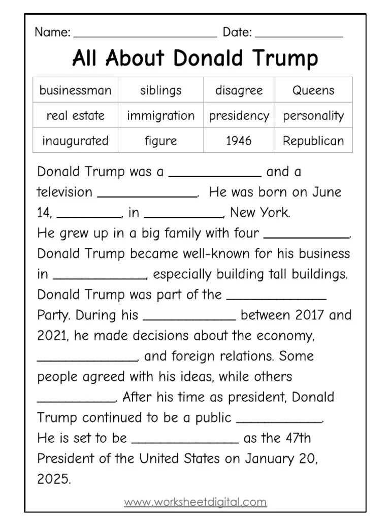 Third grade multiplication worksheet featuring Donald Trump presidential facts and math problems for image 12