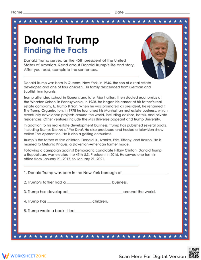 Third grade multiplication worksheet featuring Donald Trump presidential facts and math problems for image 18