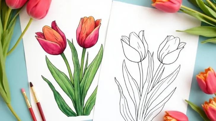 Spring-themed tulip diagram coloring activity for grammar and mechanics Coloring page worksheet featuring a tulip diagram for first graders
