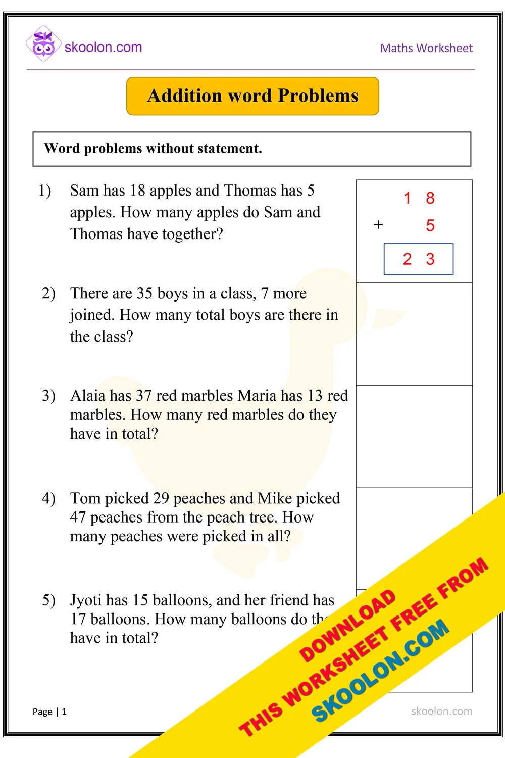 Addition Word Problems worksheet for elementary math practice Third grade students solving addition word problems with two-digit numbers on a math worksheet