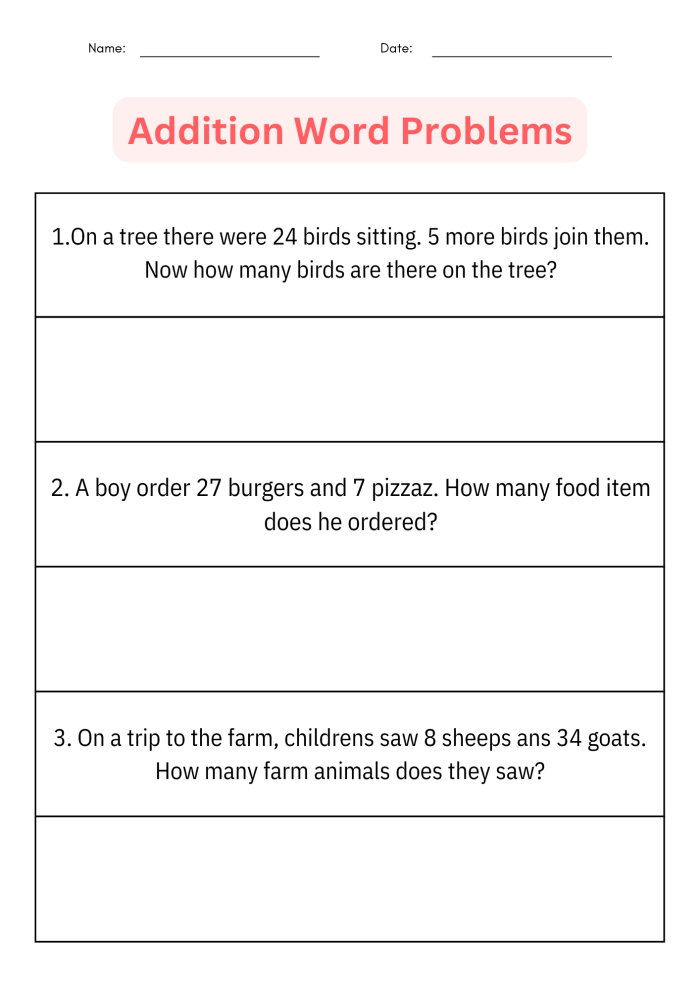 Second grade students solving two-digit addition word problems on a math worksheet