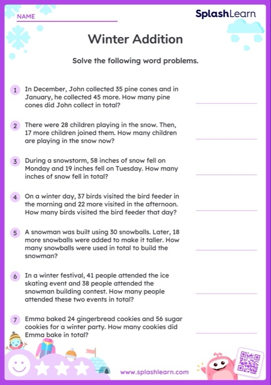Second grade math worksheet featuring two-digit addition problems that require regrouping to solve