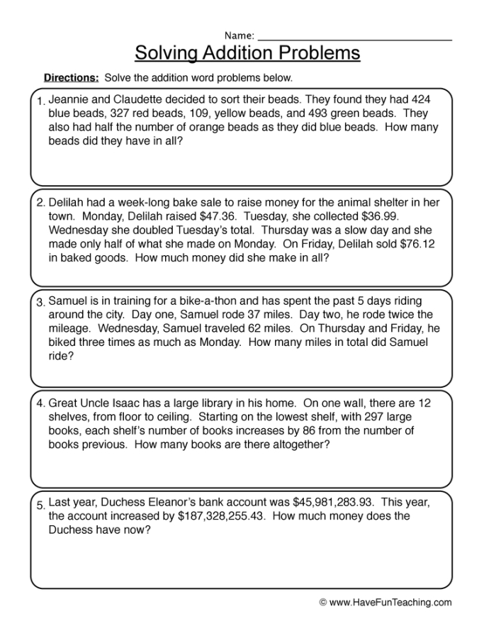 Addition Word Problems Add It Up Worksheet for Third Grade Math Practice Third grade student solving addition word problems with two and three two-digit numbers on a math worksheet