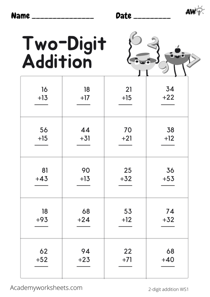 Second grade math worksheet featuring two-digit addition and subtraction problems with regrouping for practice test 19