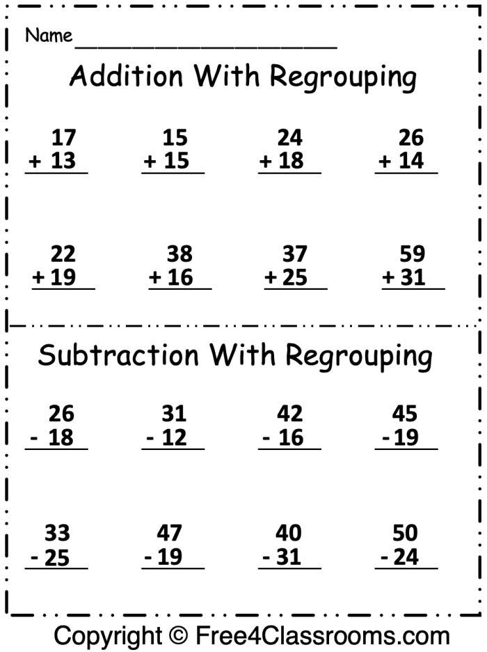 Second grade math worksheet featuring two-digit addition and subtraction problems with regrouping for practice test number seven