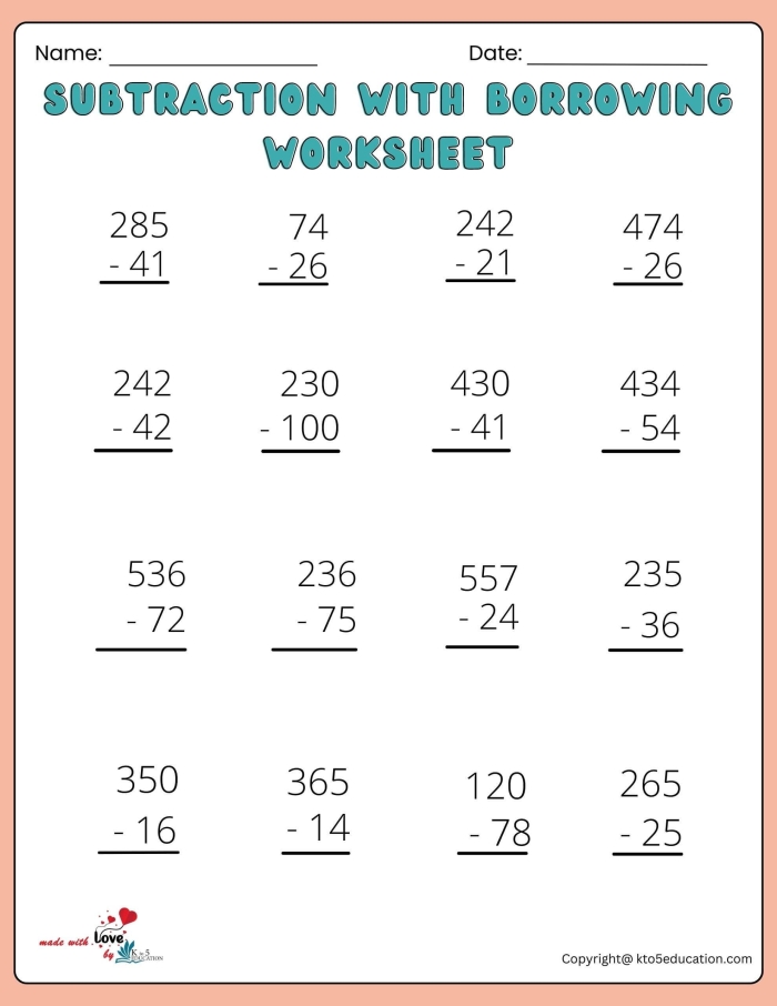 Two-digit subtraction worksheet with borrowing practice for second graders