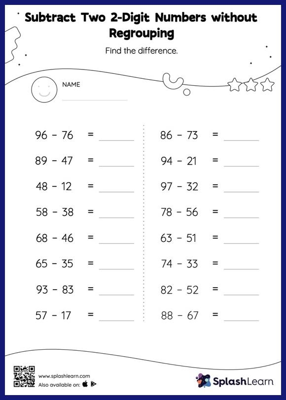 Worksheet featuring two-digit subtraction with borrowing for second graders