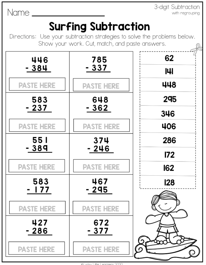 Worksheet featuring two-digit subtraction with borrowing for second graders