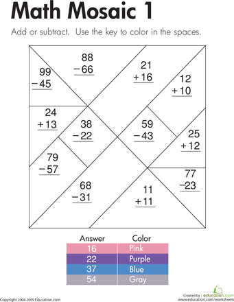 Math Mosaic worksheet featuring two-digit addition and subtraction problems for second graders to solve and color. Engaging math activity for young learners to practice measurement skills through creative coloring.