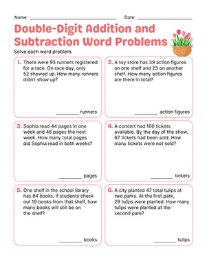 Two-Digit Addition and Subtraction Word Problems Worksheet for Grade 3 Math Assessment 21 Third grade students solving two-digit addition and subtraction word problems on a printable math worksheet