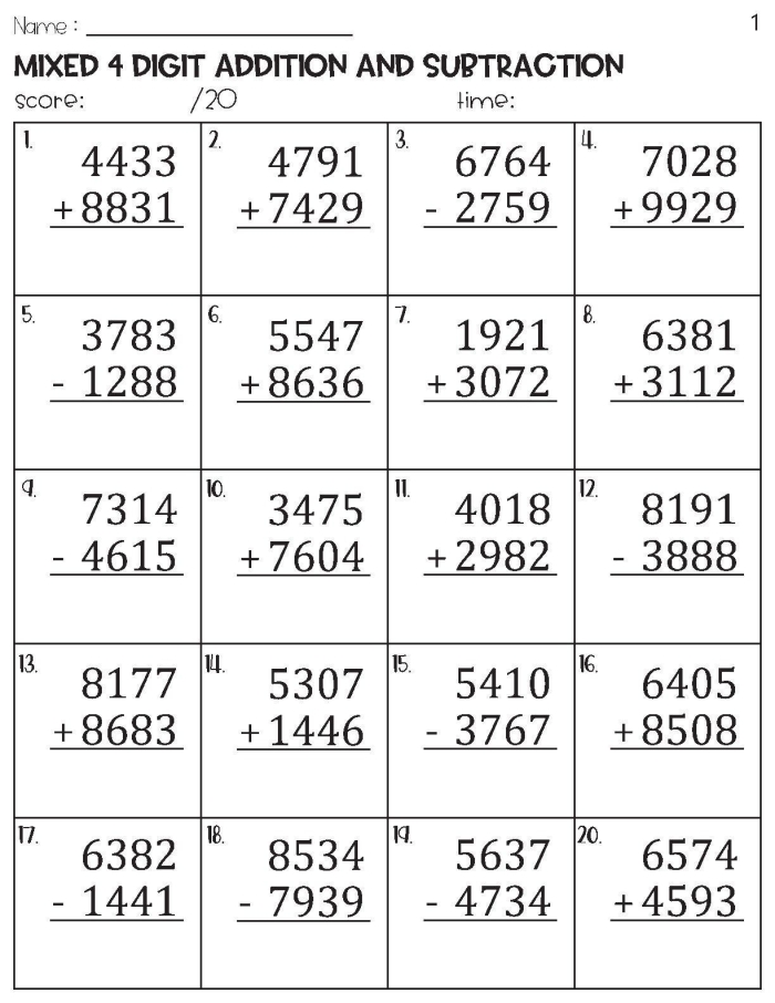 Second grade math worksheet featuring two-digit addition and subtraction problems with regrouping for unit 5