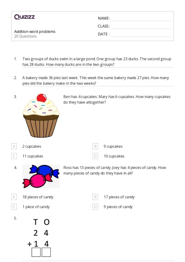 Two-Digit Addition and Subtraction Word Problems Practice Sheet 20 Third grade students solving two-digit addition and subtraction word problems on a math worksheet with numbered practice questions