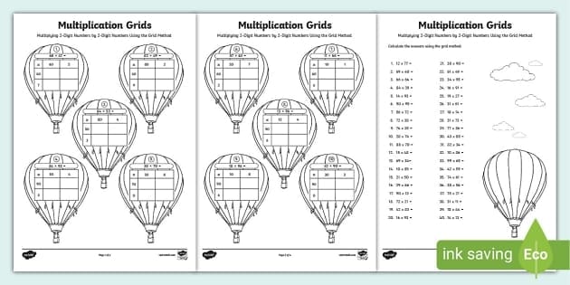 Fourth grade math worksheet featuring multiplication problems with two-digit and one-digit numbers