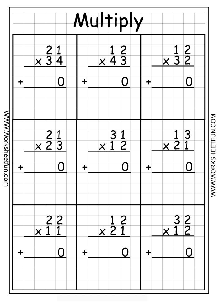 Fourth grade math worksheet featuring practice problems for multiplying two-digit numbers by one-digit numbers