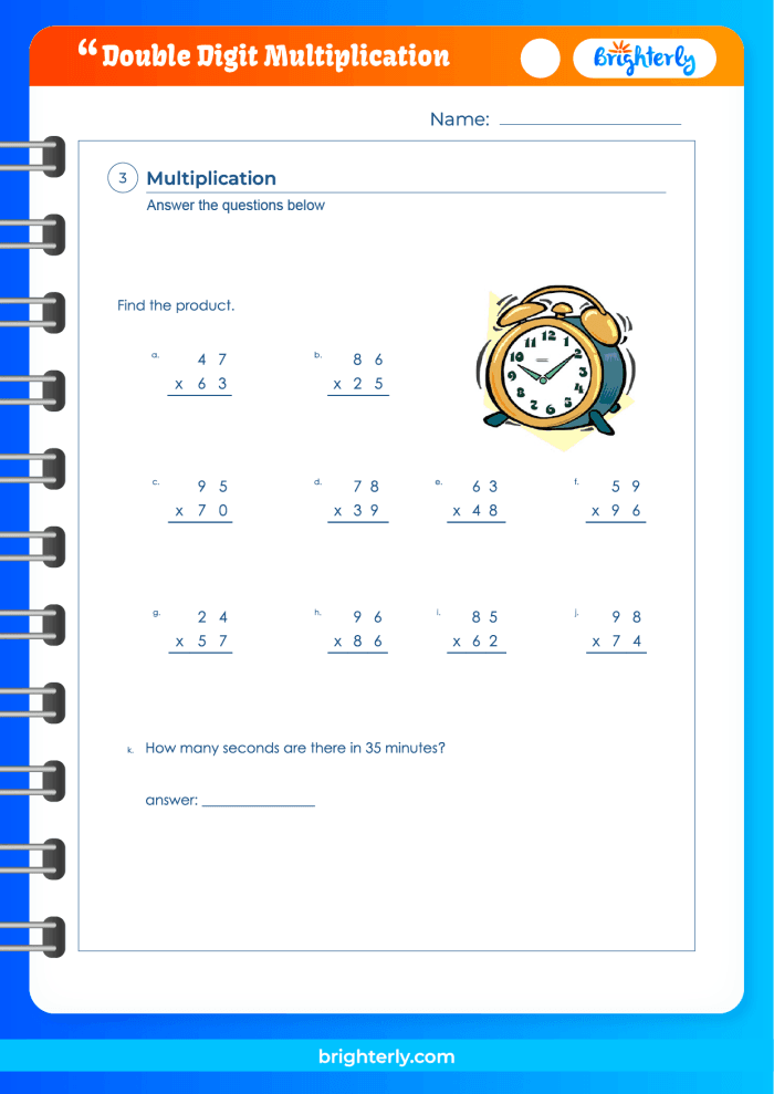 Fourth grade math worksheet featuring a series of two-digit by one-digit multiplication problems for practice