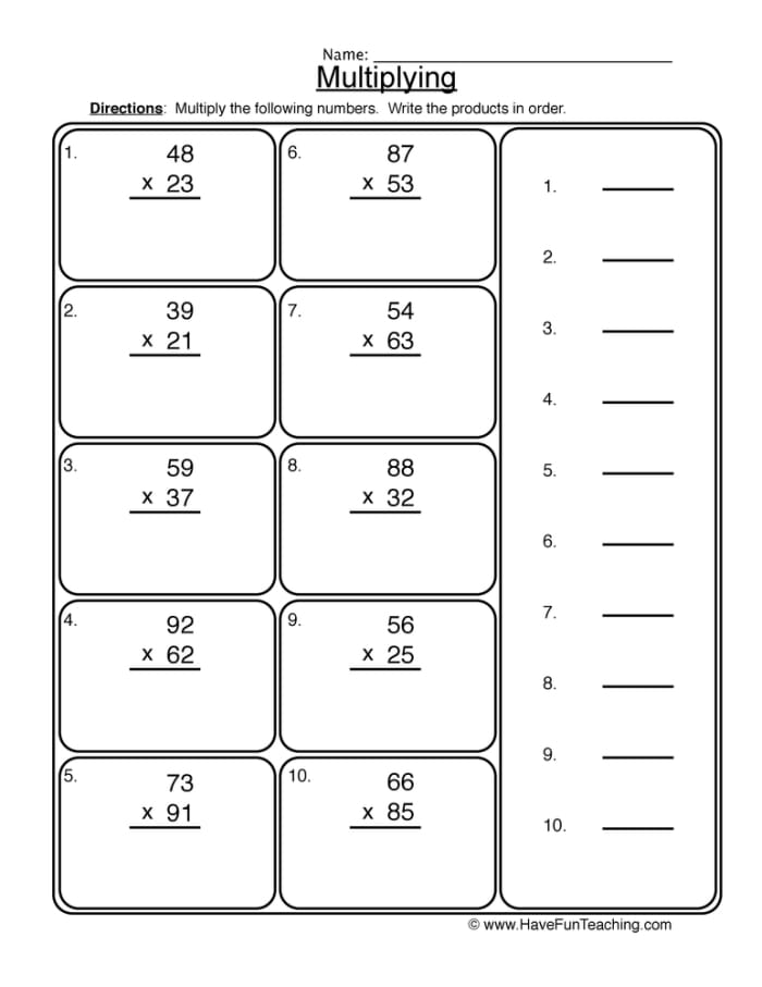 Two-Digit Multiplication worksheet designed for fourth graders to practice multiplying two-digit by one-digit numbers