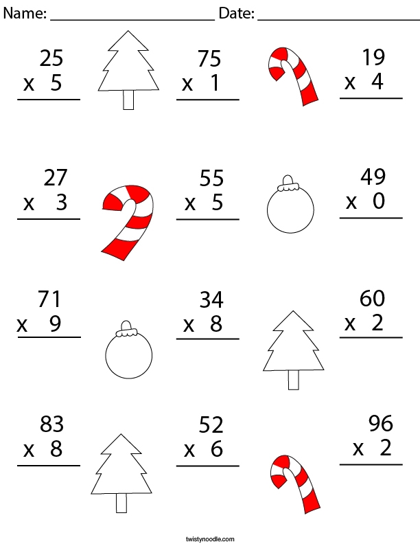 Winter-themed two-digit multiplication practice worksheet for fourth graders.