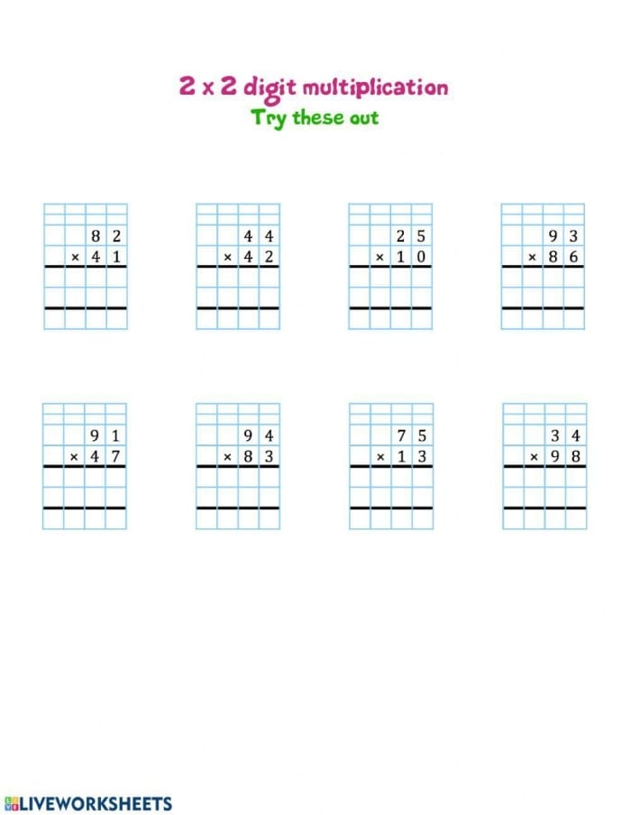 Two-digit multiplication worksheet for fourth graders featuring one-digit multipliers