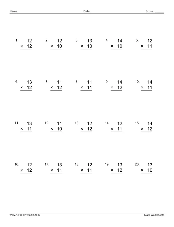Third grade math worksheet featuring two-digit by one-digit multiplication problems