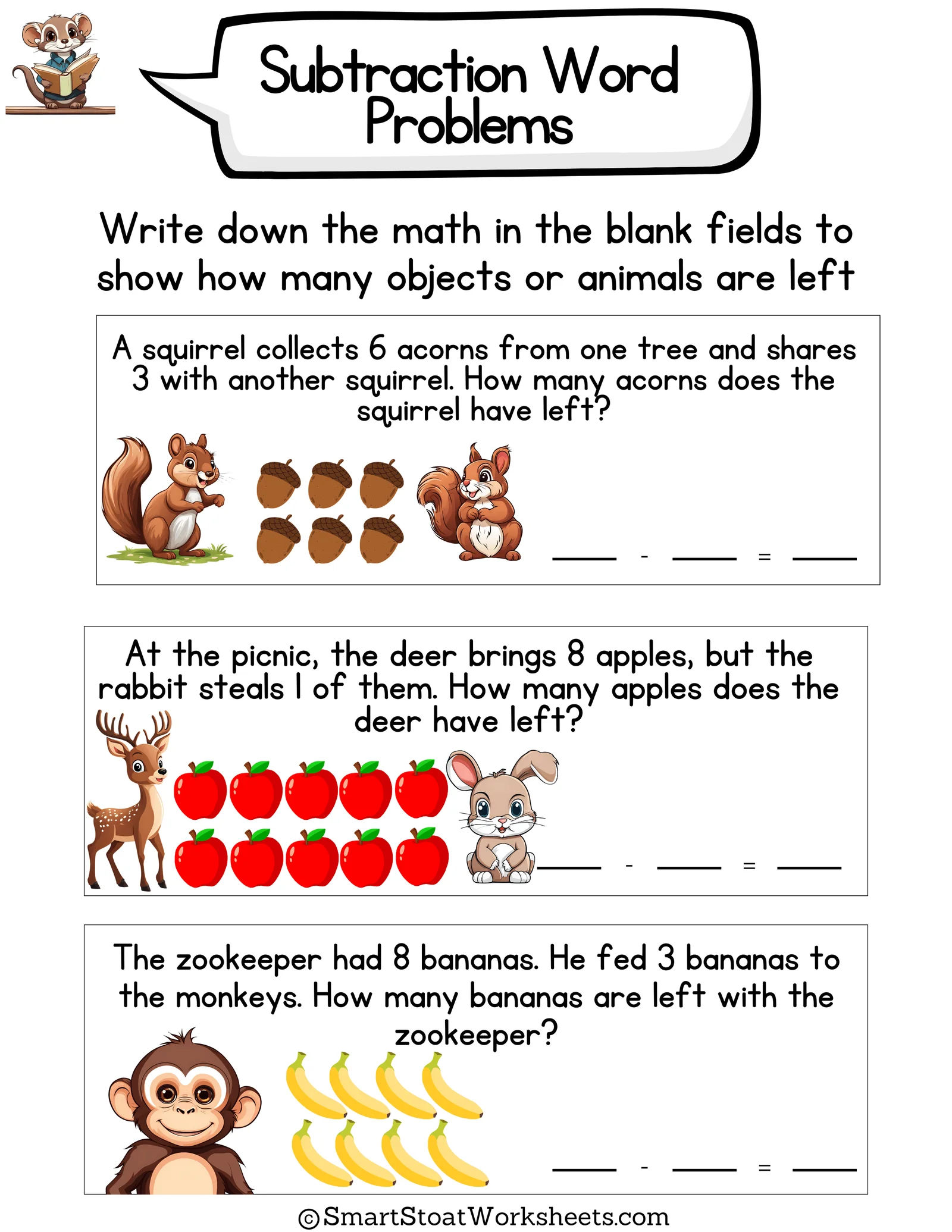 Two-digit subtraction worksheet featuring adorable animals for second graders