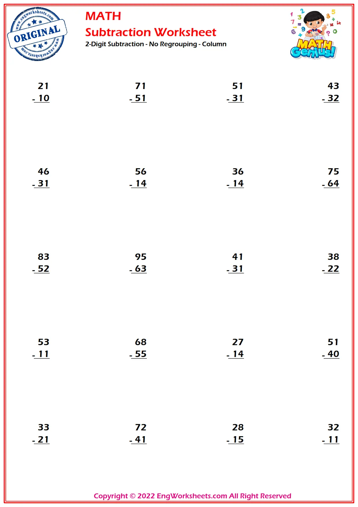 Second grade student practicing two-digit subtraction with borrowing problems on a printable math worksheet
