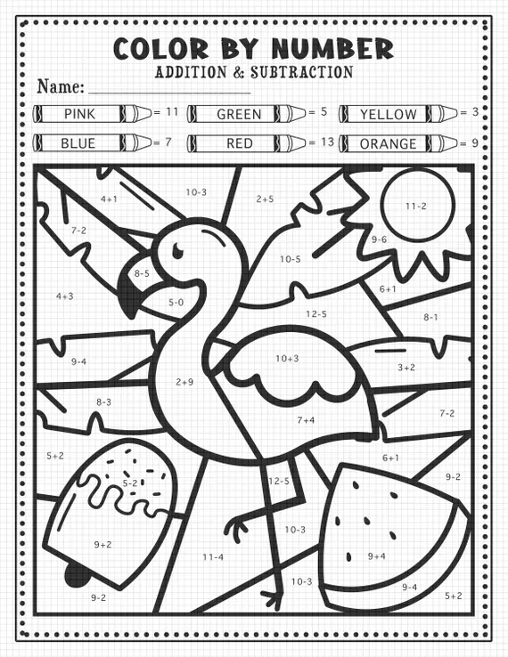 Second grade math worksheet featuring colorful flamingo illustrations and two-digit subtraction problems with borrowing