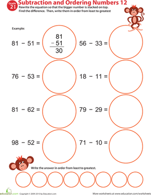 Cheerful worksheet featuring flamingos that helps second graders practice two-digit subtraction by borrowing
