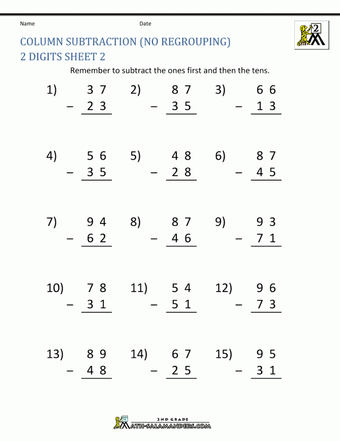 Two-digit subtraction worksheet featuring a jungle theme for second graders