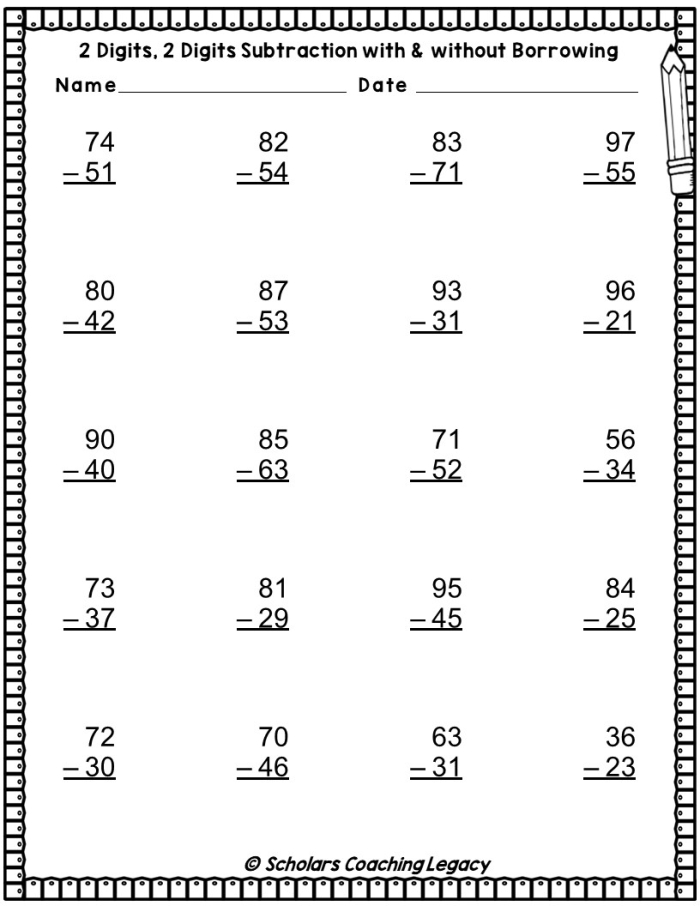 Worksheet featuring two-digit subtraction with borrowing for second graders