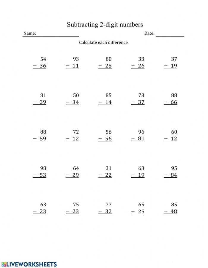 Spelling worksheet for Second Grade Two-Digit Subtraction worksheet for second graders featuring problems that require borrowing and a word problem. Practice Two-Digit Subtraction skills with this engaging worksheet designed for second grade.