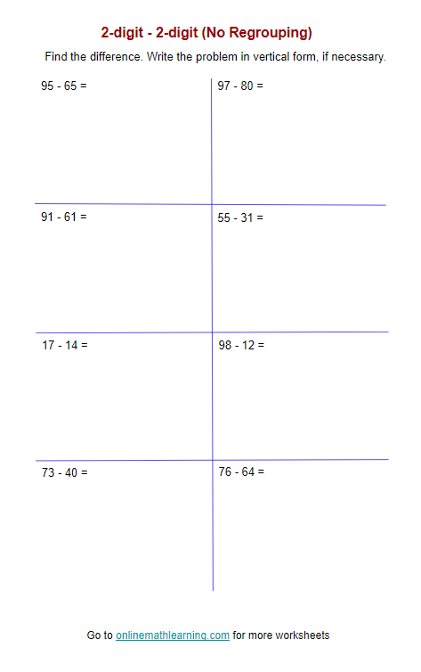 Second grade student practicing two-digit subtraction with borrowing on a math worksheet 24