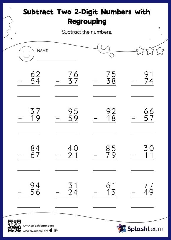 Worksheet featuring two-digit subtraction problems with regrouping for third graders
