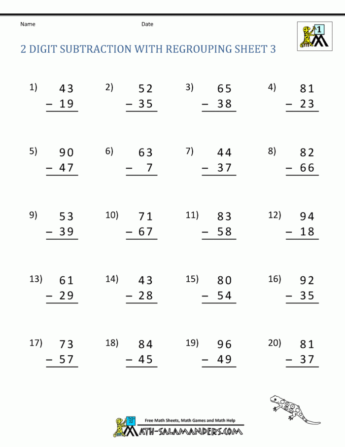 Spelling worksheet for Second Grade Two-Digit Subtraction worksheet designed for second graders to enhance their skills in subtraction with borrowing. Practice Two-Digit Subtraction problems featuring a final word problem for comprehensive learning.