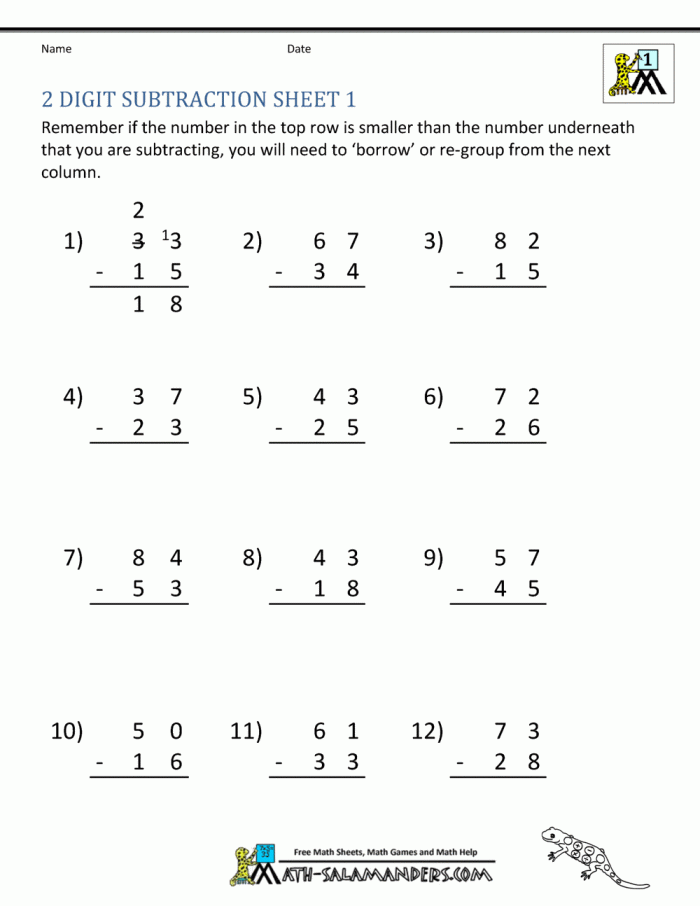 Second-grade math worksheet featuring two-digit subtraction exercises and a word puzzle Two-digit subtraction worksheet designed for second graders with a fun word puzzle at the end