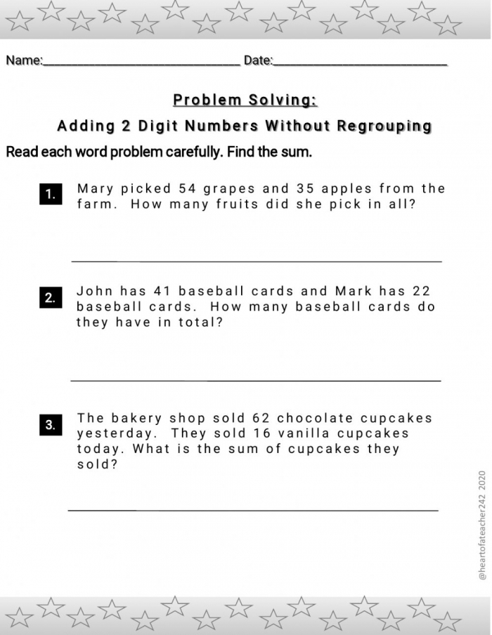 Worksheet featuring two-digit word problems for second graders