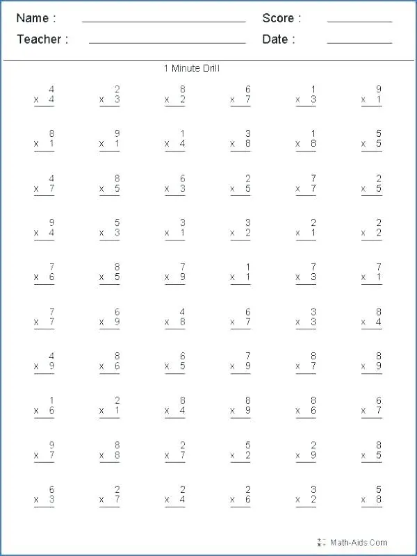 Two-Minute Multiplication worksheet featuring 48 one- and two-digit problems for third graders
