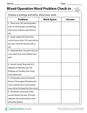 Third grade students practicing mixed operation math with a two-step addition and subtraction word problems check-in worksheet