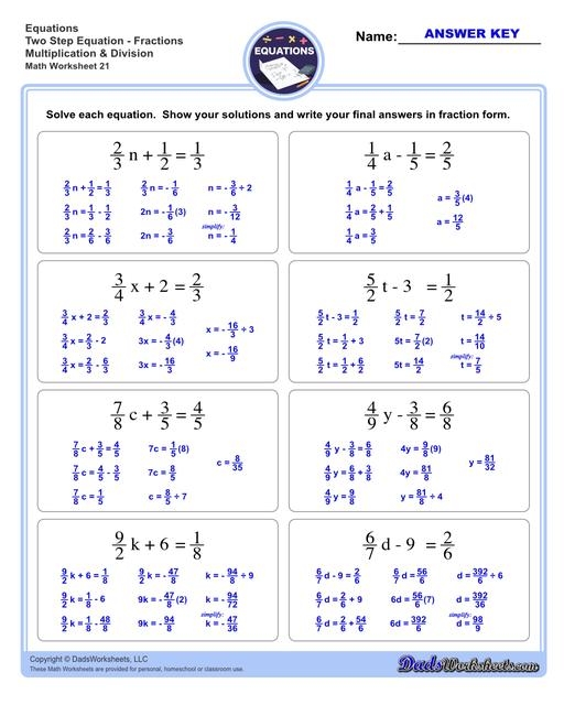 Worksheet for seventh graders on solving two-step equations in algebra