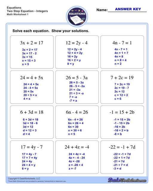Solving Two-Step Equations Level 1 Worksheet Part Two Seventh grade students practicing algebra by solving two-step equations in a multiplication worksheet