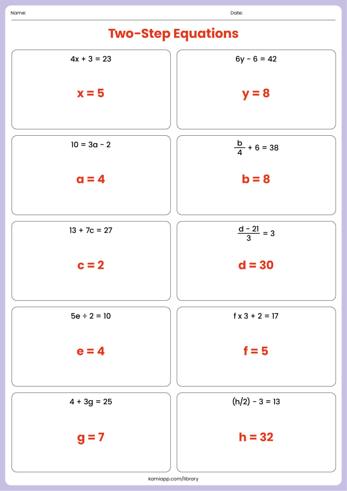 Two-Step Equations: Level 1 practice worksheet for seventh-grade algebra students Worksheet for solving two-step equations designed for seventh graders focusing on multiplication skills