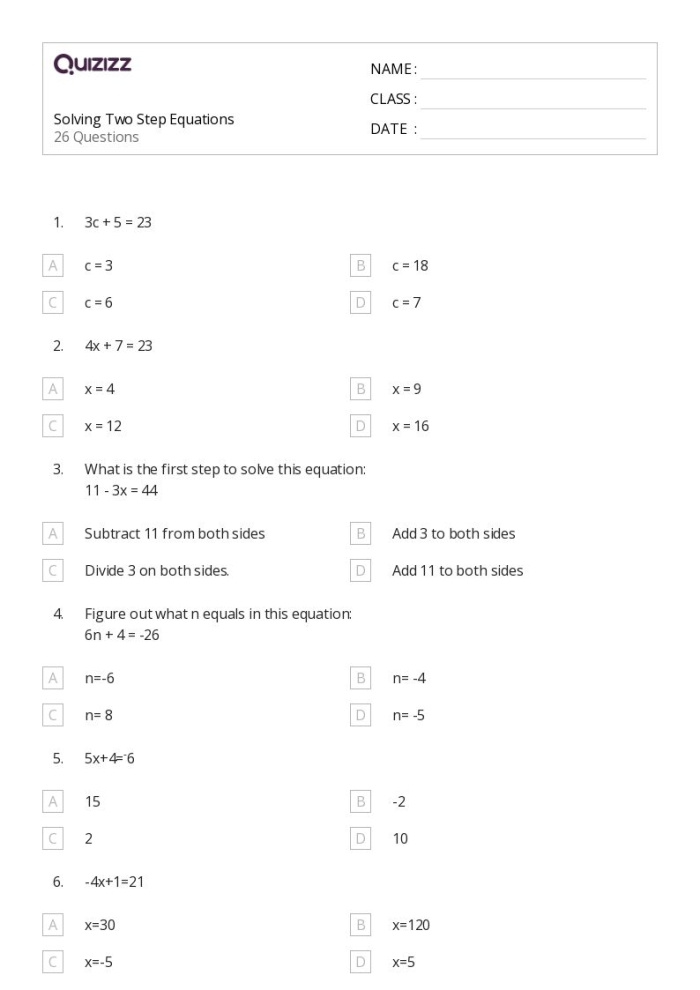 Seventh grade math student working on a practice worksheet for solving two-step algebraic equations