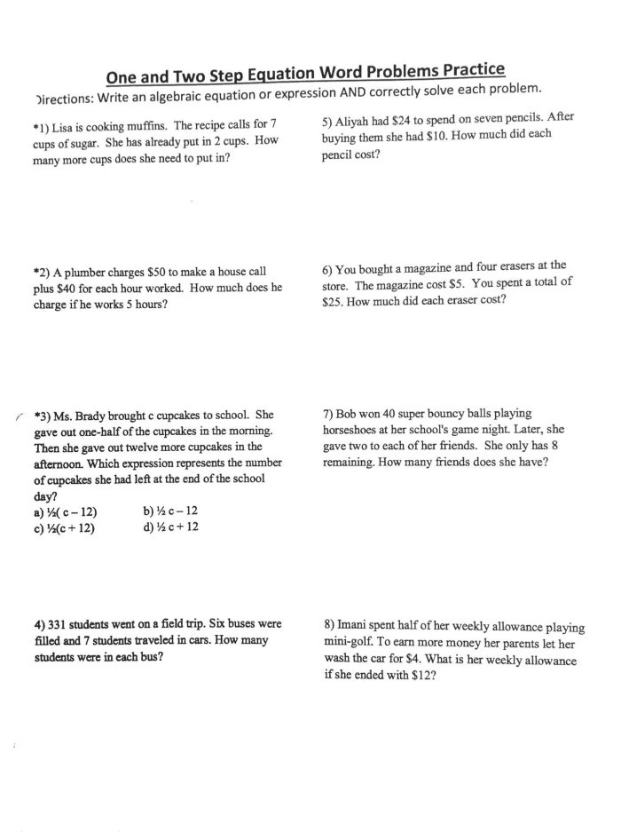 Solving Two-Step Equations Level 1 Algebra Practice Worksheet 25 Seventh grade math worksheet focused on solving two-step equations involving multiplication