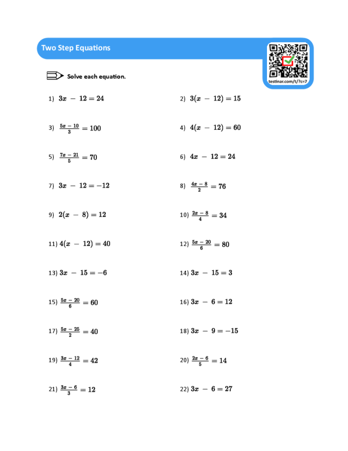 Seventh grade math worksheet featuring travel-themed word problems to solve two-step equations