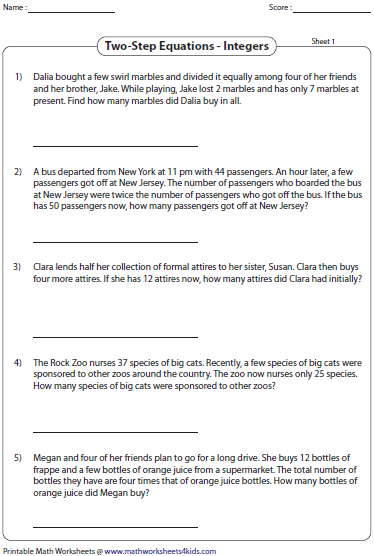 Seventh grade student solving a Two-Step Equation Word Problems worksheet
