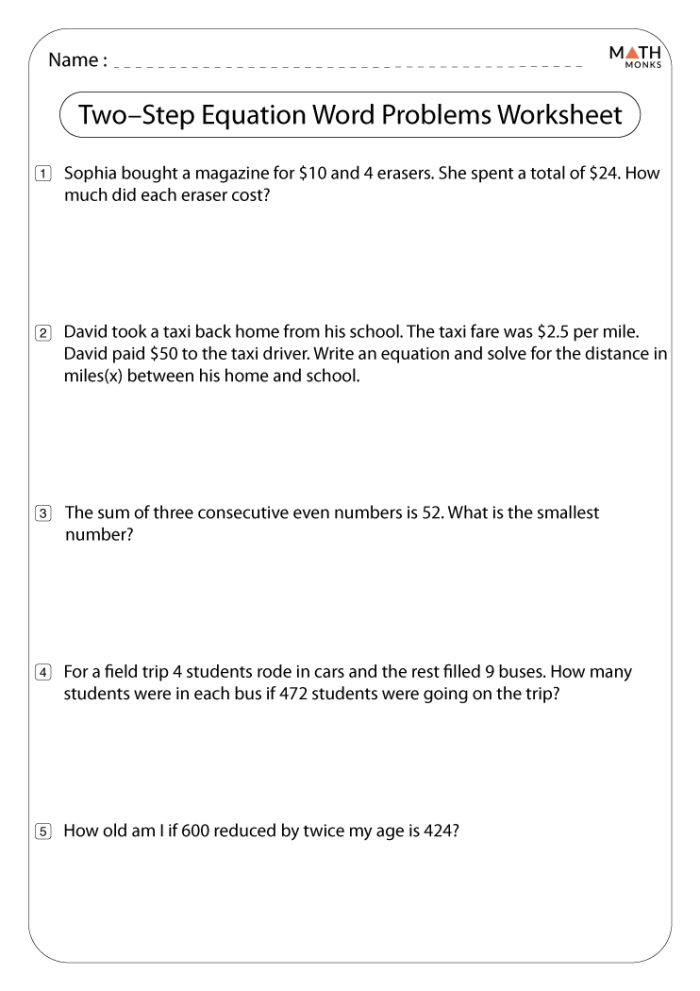 Worksheet featuring two-step equation word problems for seventh graders